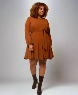 Tan Crepe Belted Fit and Flare Dress