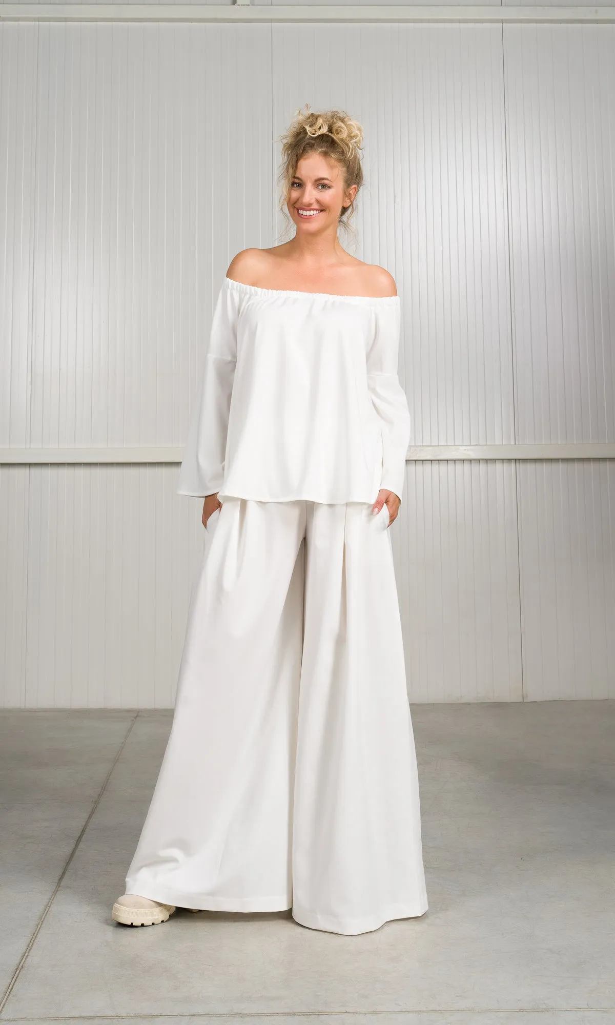 Two-piece Set of Off-Shoulder Blouse and Skirt Pants