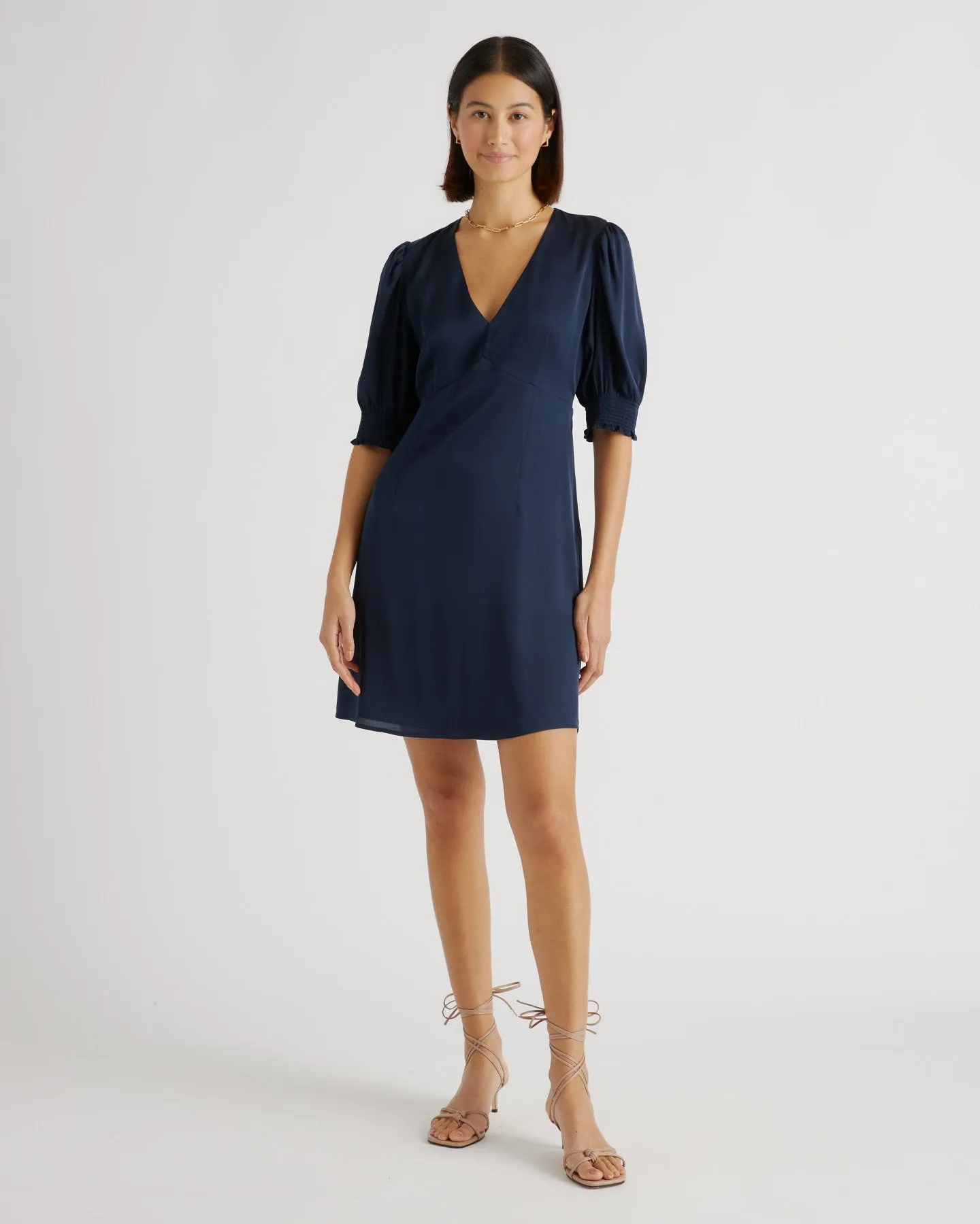 Washable Stretch Silk Puff Sleeve Mini Dress
