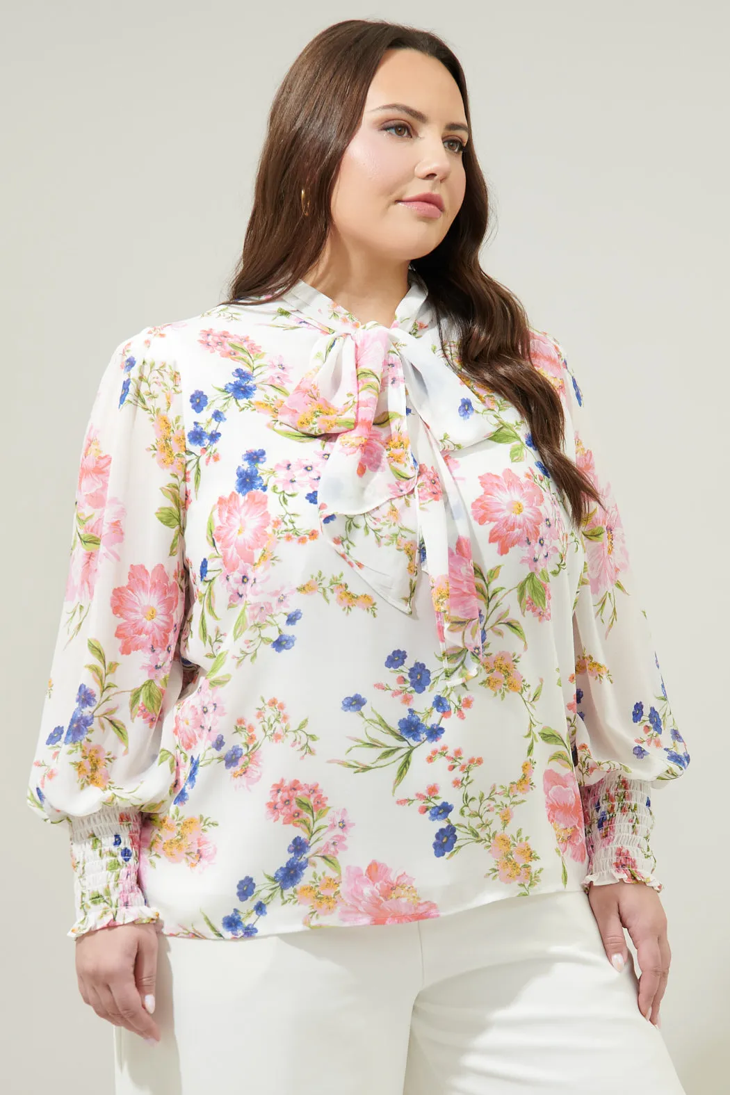 Wildheart Floral Etienne Tie Neck Long Sleeve Blouse Curve