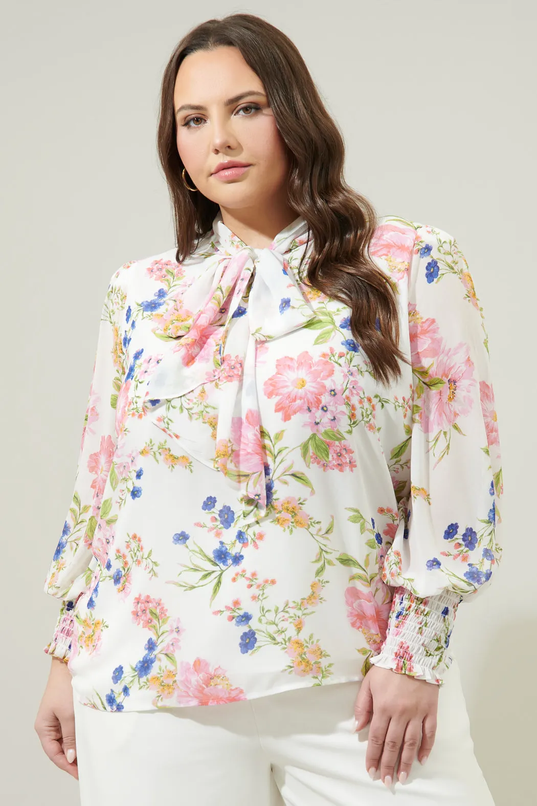 Wildheart Floral Etienne Tie Neck Long Sleeve Blouse Curve