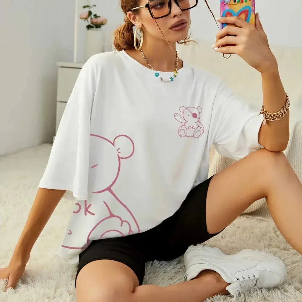 Womans Cotton T-Shirts Kawaii OK Teddy Bear Graphic Tees