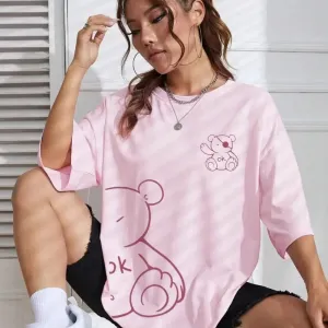 Womans Cotton T-Shirts Kawaii OK Teddy Bear Graphic Tees