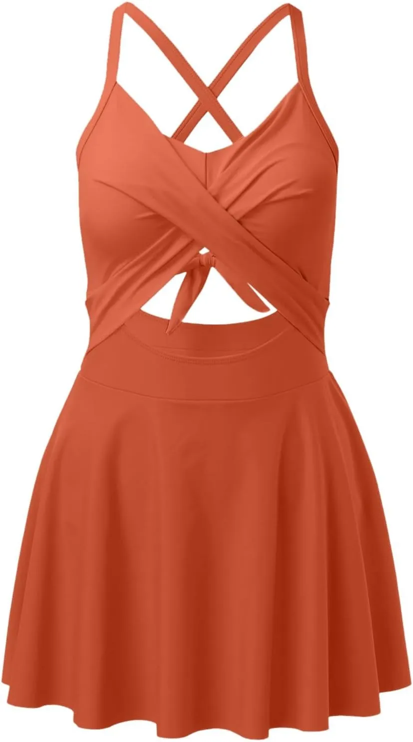 Women Cutout One PC Skirt Swimsuit V Neck Wrap Tie Back Swimdress Bathing Suits Sequin Bikini