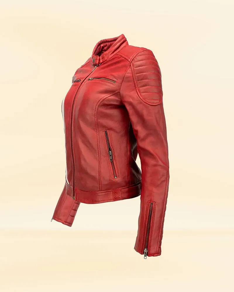 Women's Black Leather Biker Jacket with Stripes