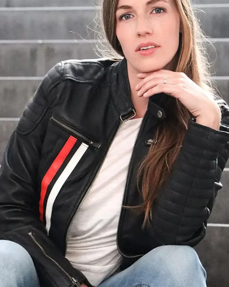 Women's Black Leather Biker Jacket with Stripes