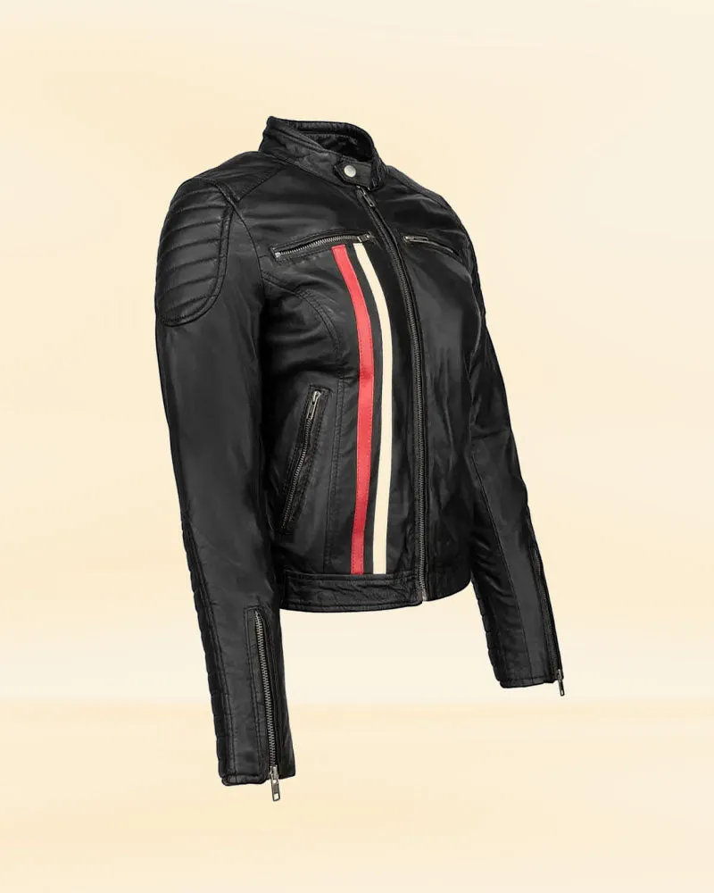 Women's Black Leather Biker Jacket with Stripes
