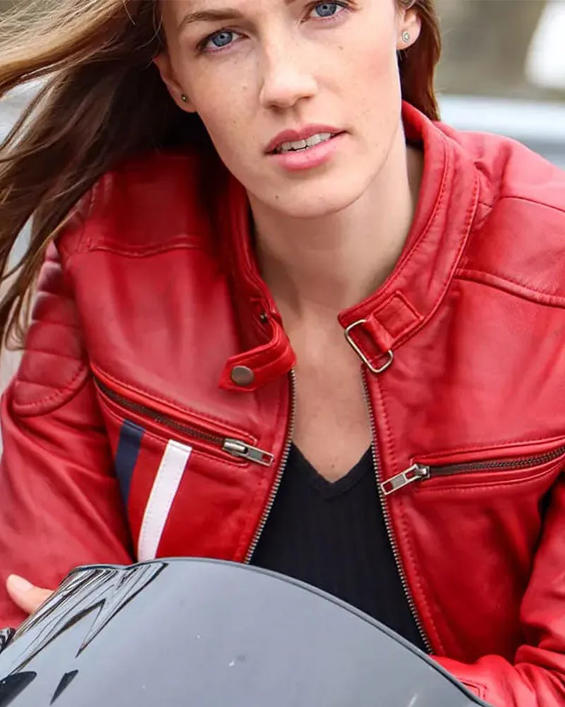 Women's Black Leather Biker Jacket with Stripes