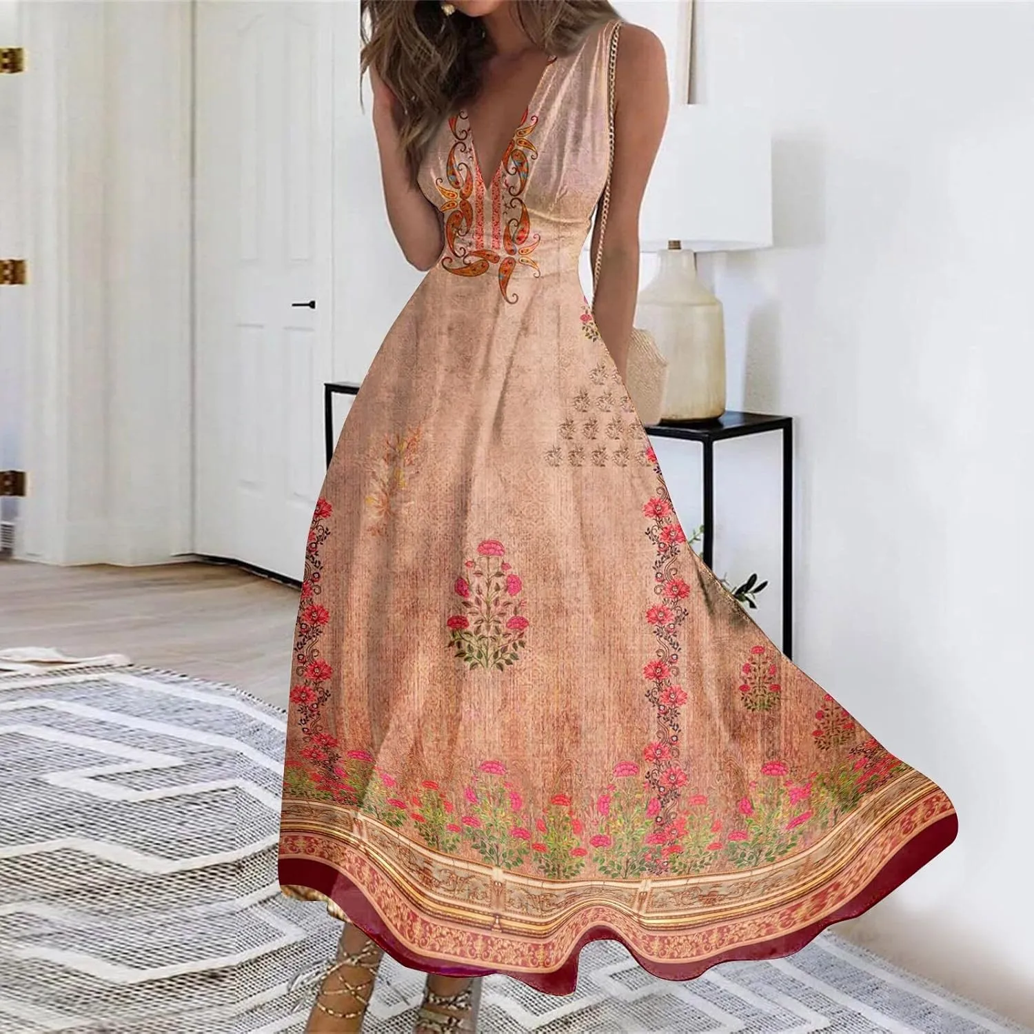 Womens Dresses Wrap V Neck Flowy Ruched Beach Dresses Sleeveless Floral Print Sundresses Elegant Maxi Dress