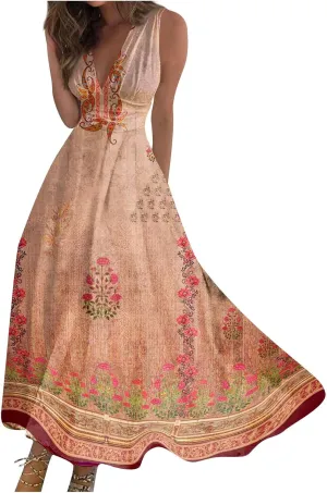 Womens Dresses Wrap V Neck Flowy Ruched Beach Dresses Sleeveless Floral Print Sundresses Elegant Maxi Dress