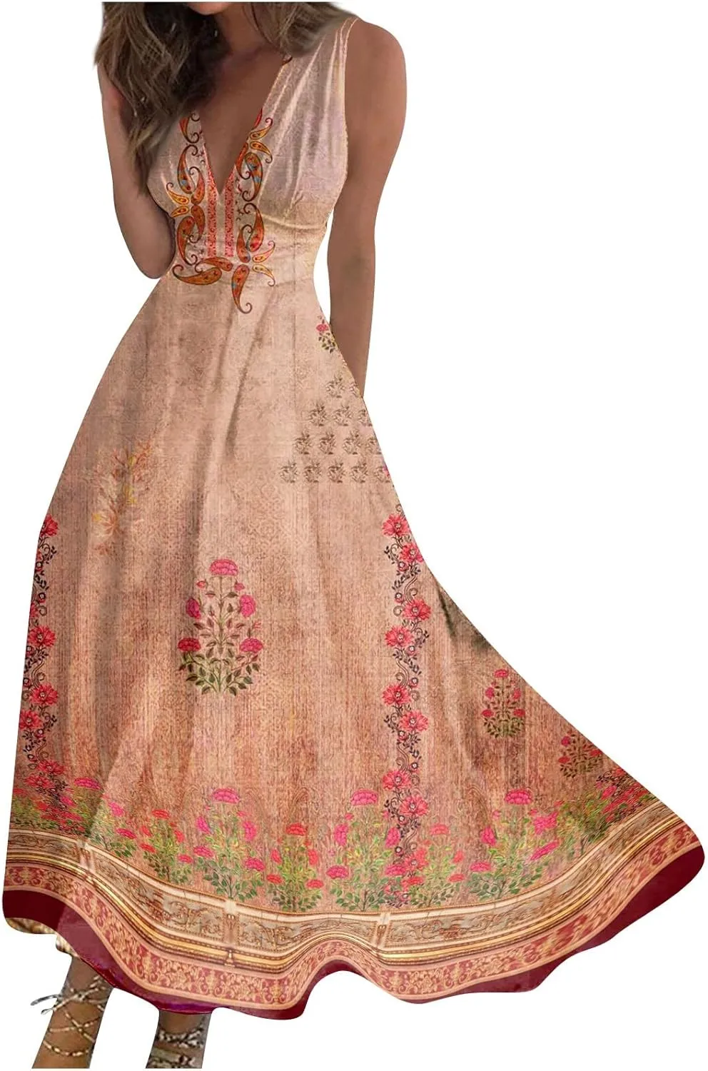 Womens Dresses Wrap V Neck Flowy Ruched Beach Dresses Sleeveless Floral Print Sundresses Elegant Maxi Dress