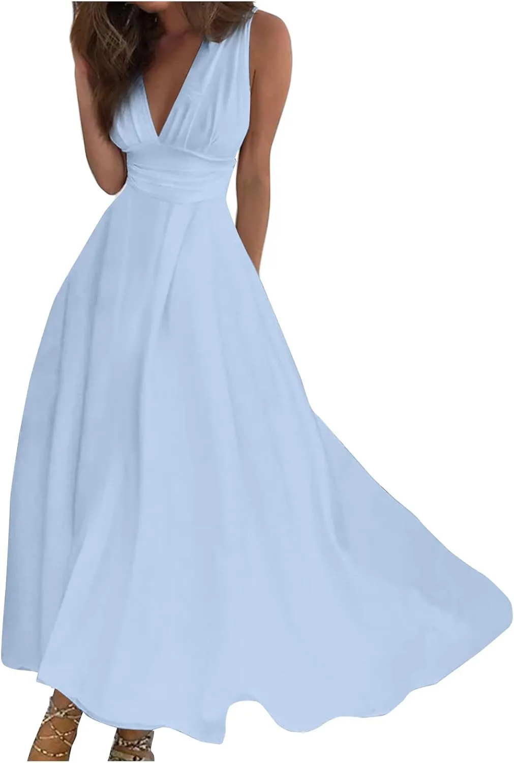 Womens Dresses Wrap V Neck Flowy Ruched Sundresses Floral Print Sleeveless Boho Dress Elegant Beach Dresses