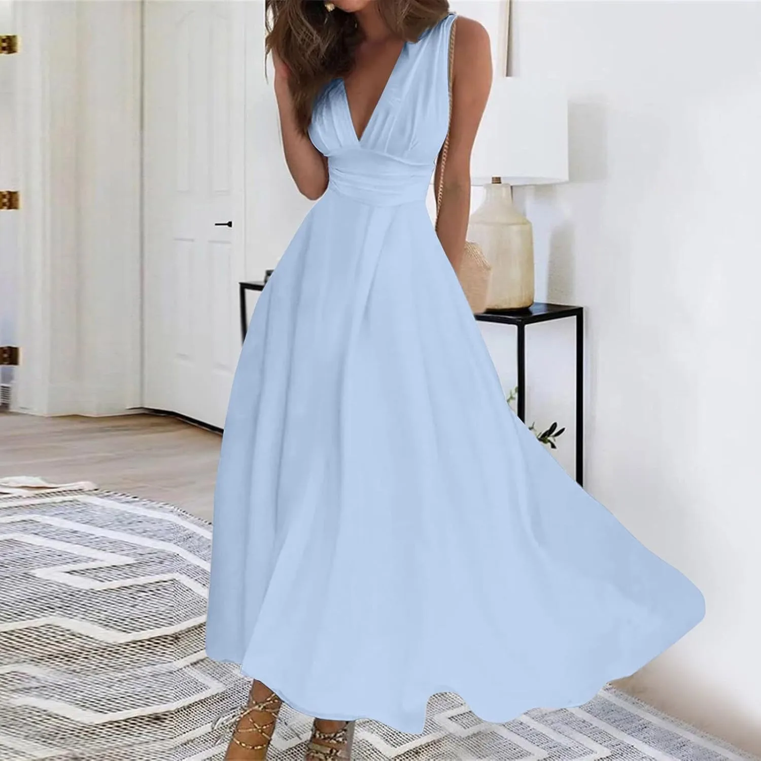 Womens Dresses Wrap V Neck Flowy Ruched Sundresses Floral Print Sleeveless Boho Dress Elegant Beach Dresses