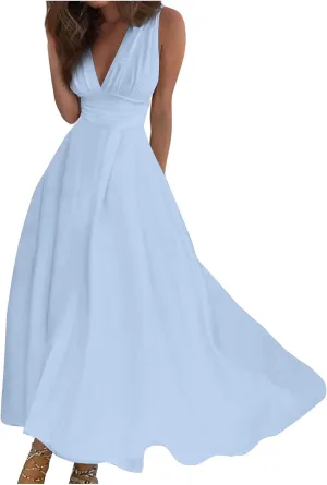Womens Dresses Wrap V Neck Flowy Ruched Sundresses Floral Print Sleeveless Boho Dress Elegant Beach Dresses