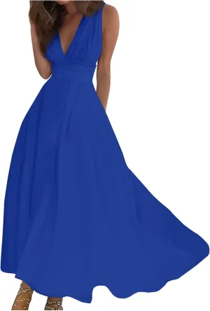 Womens Dresses Wrap V Neck Flowy Ruched Sundresses Floral Print Sleeveless Boho Dress Elegant Beach Dresses
