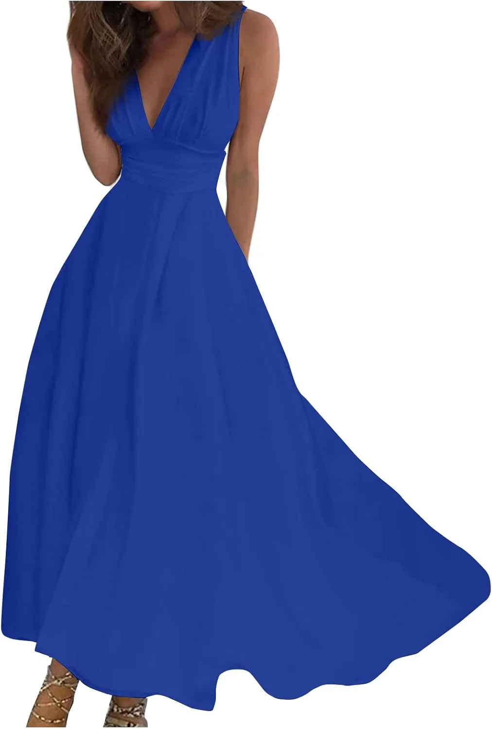 Womens Dresses Wrap V Neck Flowy Ruched Sundresses Floral Print Sleeveless Boho Dress Elegant Beach Dresses