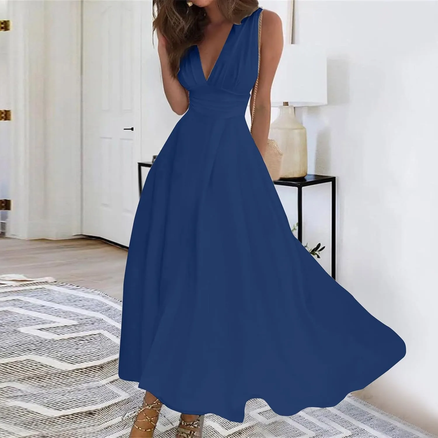 Womens Dresses Wrap V Neck Flowy Ruched Sundresses Floral Print Sleeveless Boho Dress Elegant Beach Dresses