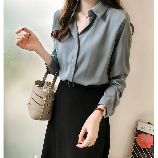 xakxx Autumn Women  Fashion Blouses Solid Plus Size Female Clothes Loose Shirt Long Sleeve Blouse Simple OL Feminine Blusa Mujer