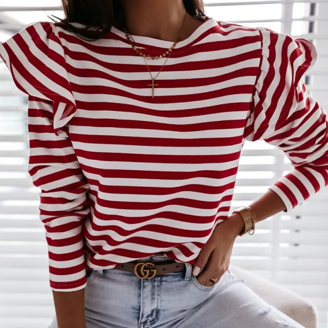 xakxx Women Blouse Shirt Striped Ruffle Long Sleeve Blouse Women Casual Feminine Spring Fashion Woman Blouses  O Neck Top Female