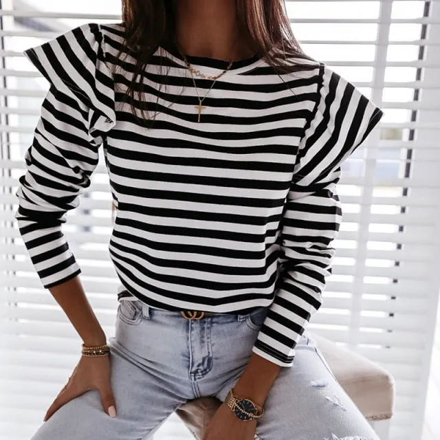 xakxx Women Blouse Shirt Striped Ruffle Long Sleeve Blouse Women Casual Feminine Spring Fashion Woman Blouses  O Neck Top Female