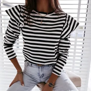 xakxx Women Blouse Shirt Striped Ruffle Long Sleeve Blouse Women Casual Feminine Spring Fashion Woman Blouses  O Neck Top Female