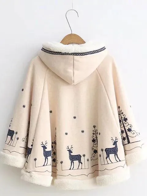 Xmas Women loose cloak type tassel lace up hoodies jackets bohemian Christmas print cape coat 2017 new