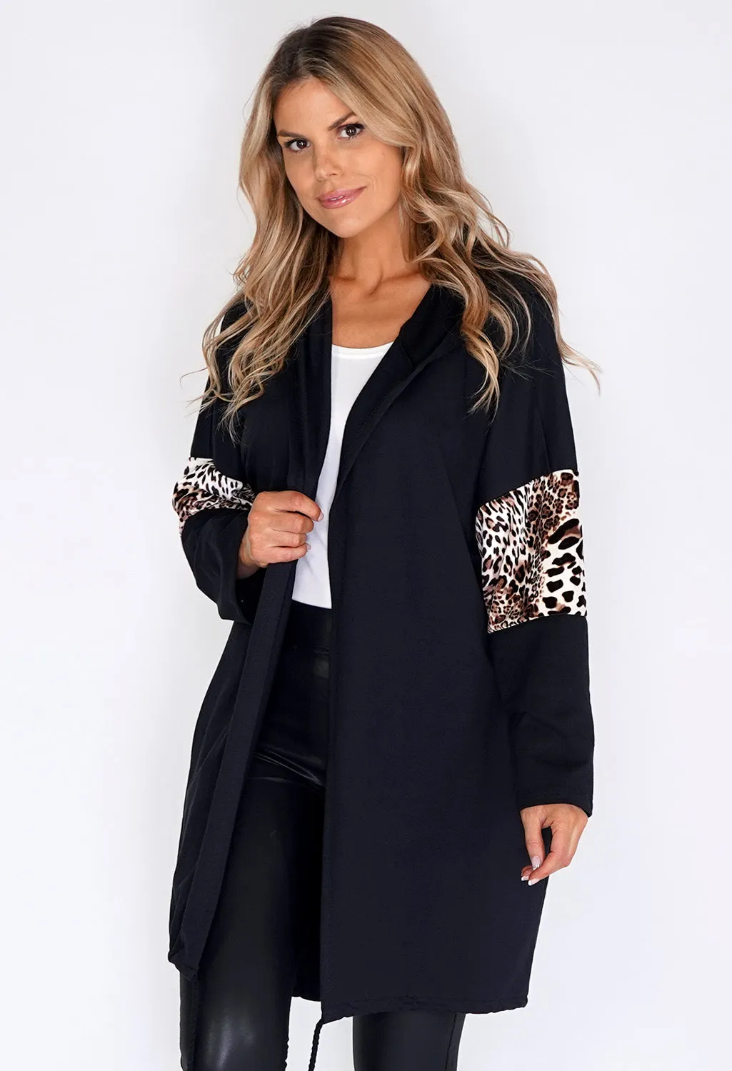 Zapara Black Coat with leopard Panelled Sleeve