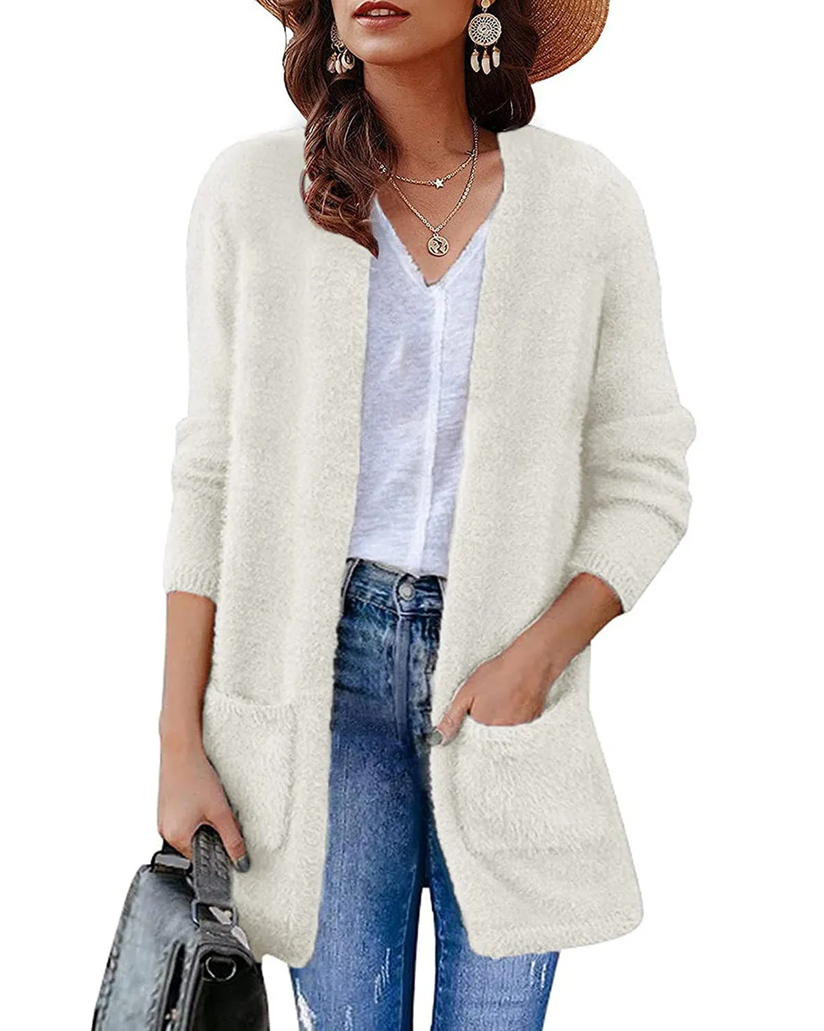 ZESICA Fuzzy Sweater Cardigan with Pockets