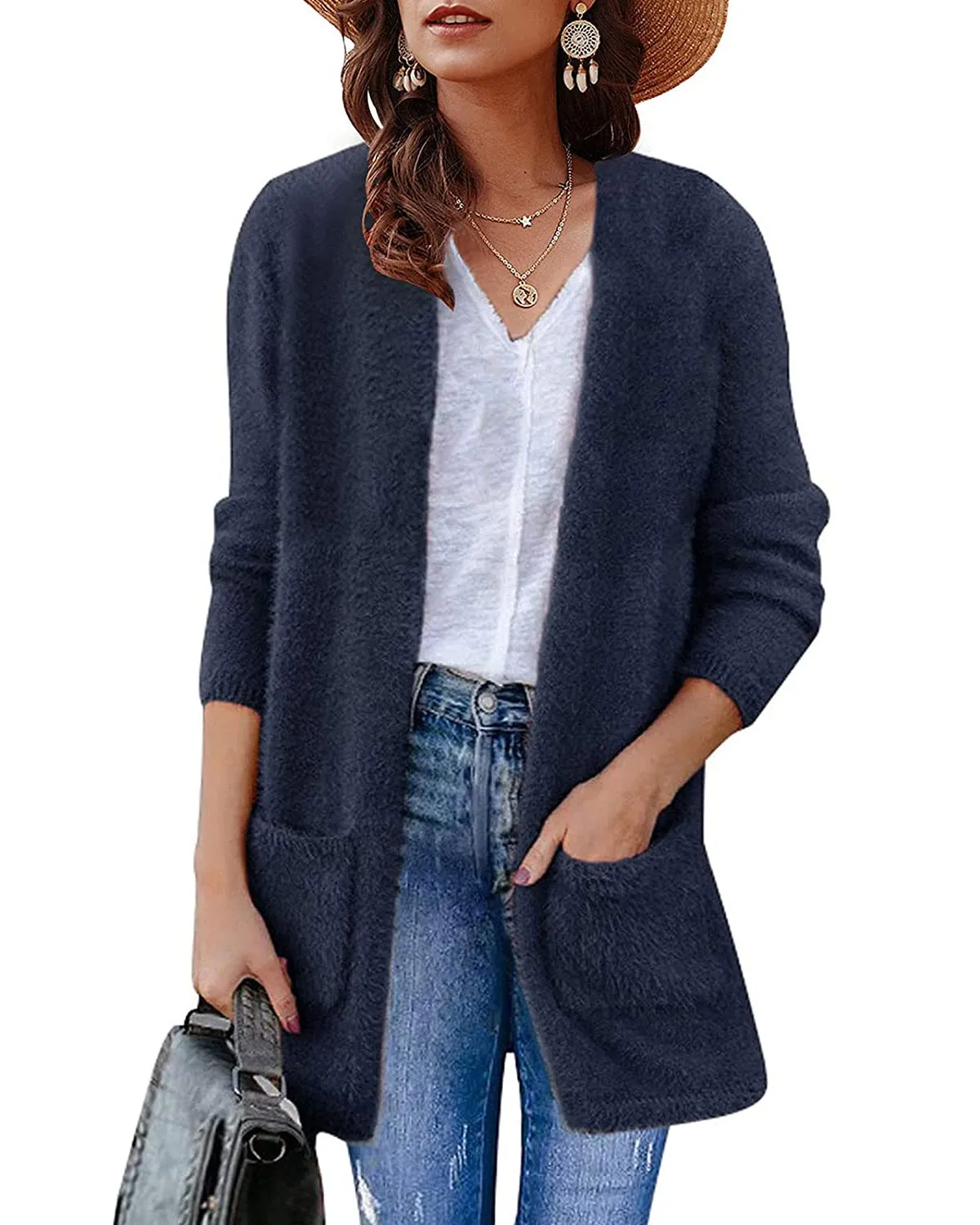 ZESICA Fuzzy Sweater Cardigan with Pockets