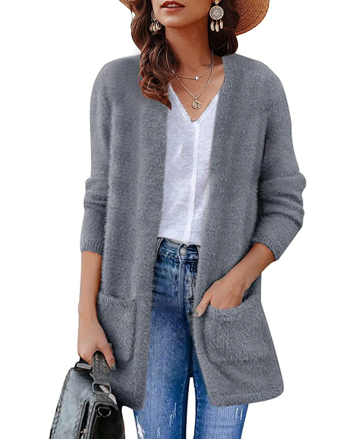 ZESICA Fuzzy Sweater Cardigan with Pockets