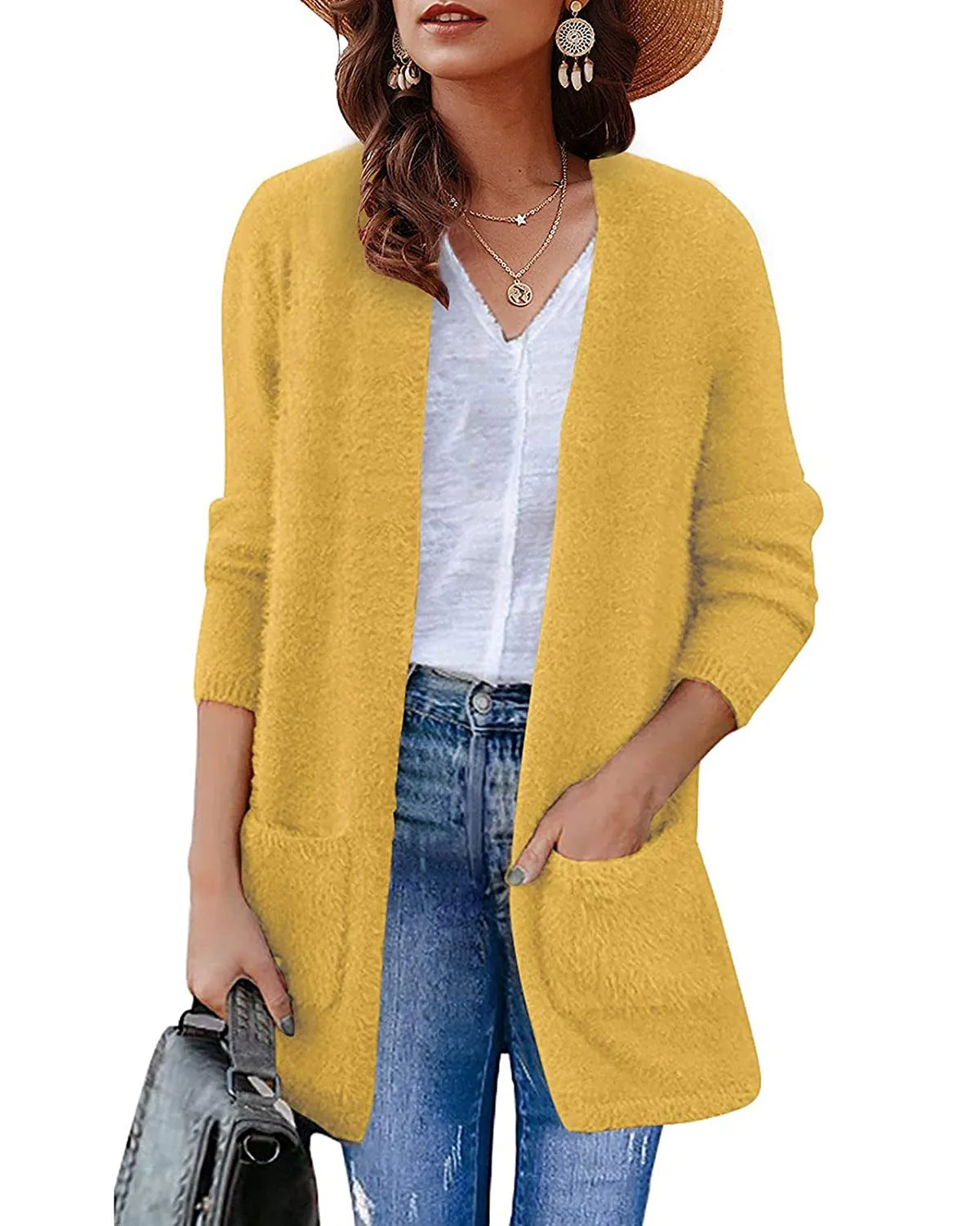 ZESICA Fuzzy Sweater Cardigan with Pockets