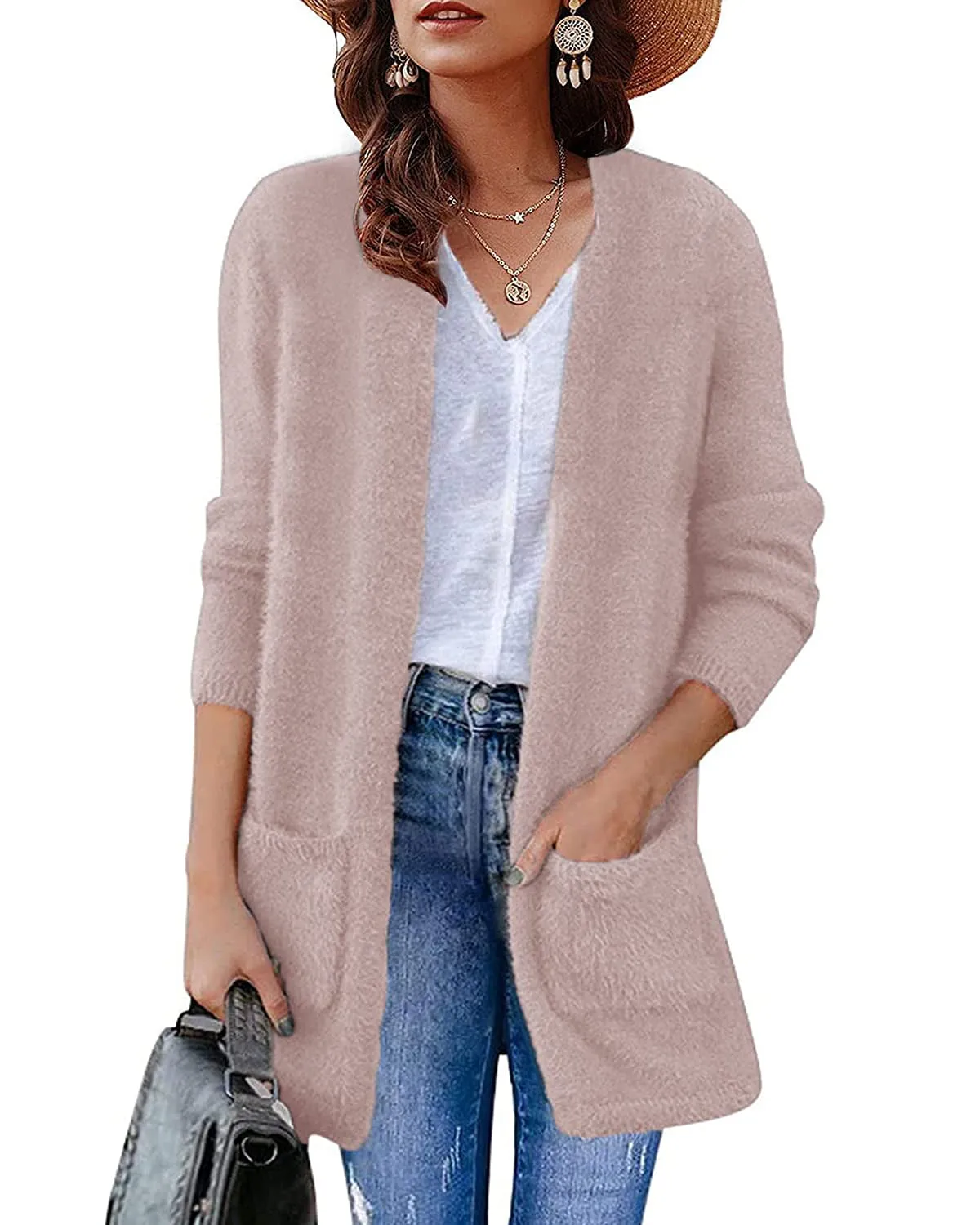 ZESICA Fuzzy Sweater Cardigan with Pockets