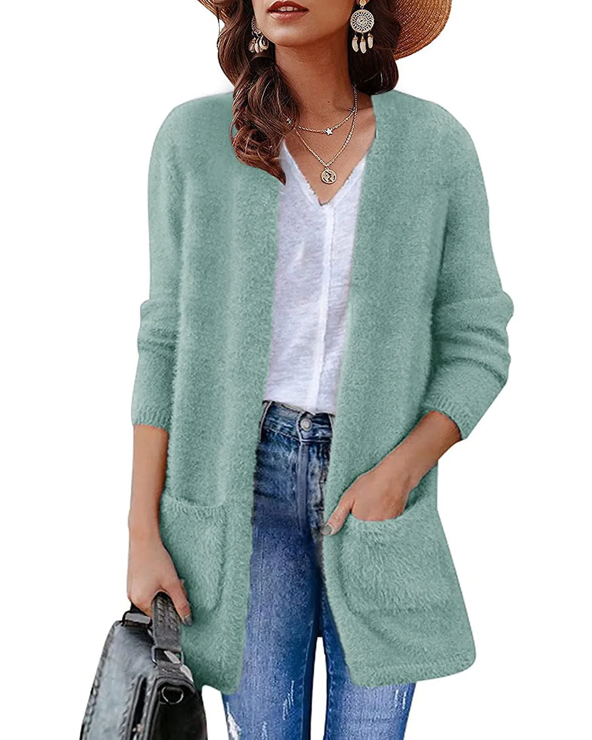 ZESICA Fuzzy Sweater Cardigan with Pockets