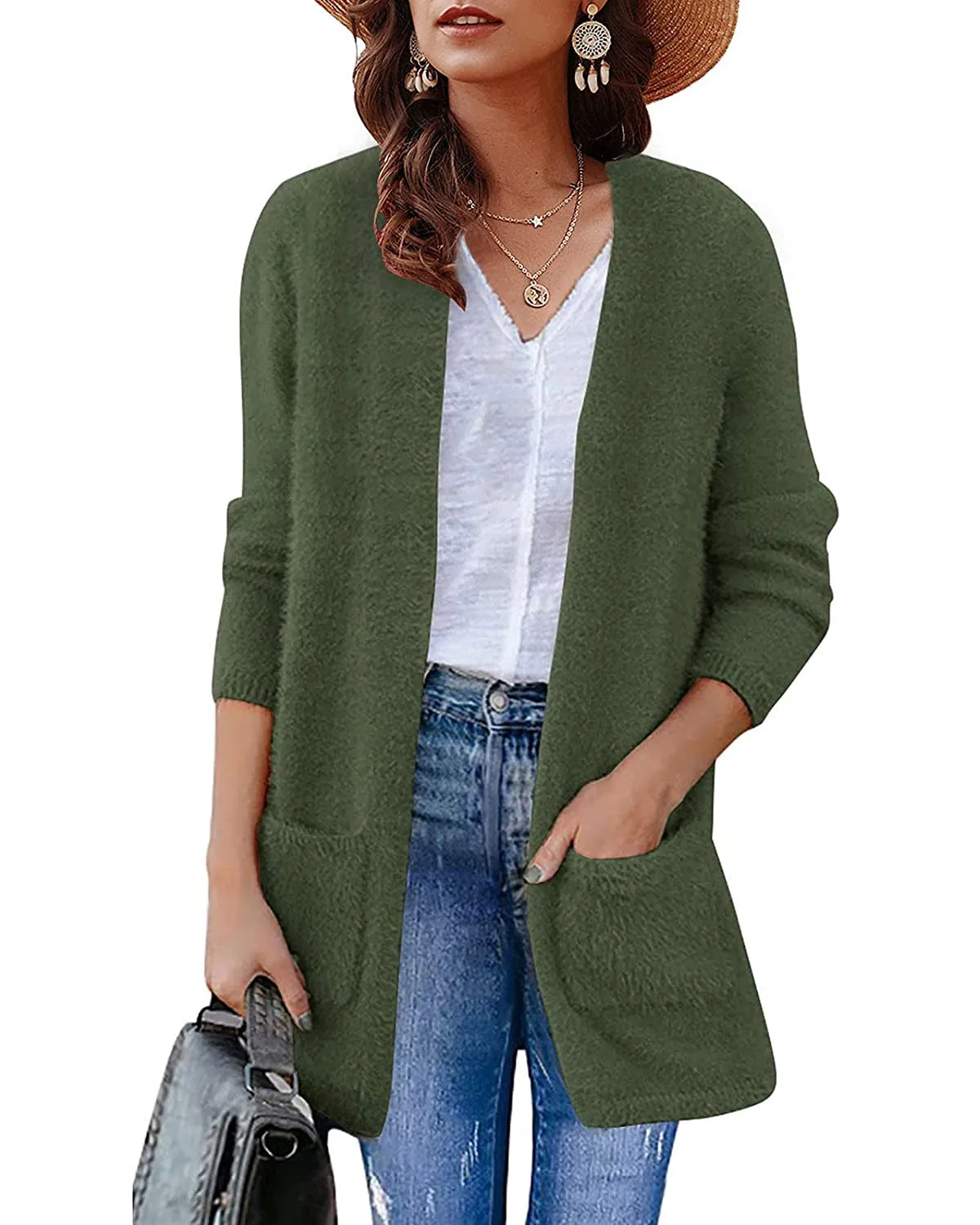 ZESICA Fuzzy Sweater Cardigan with Pockets