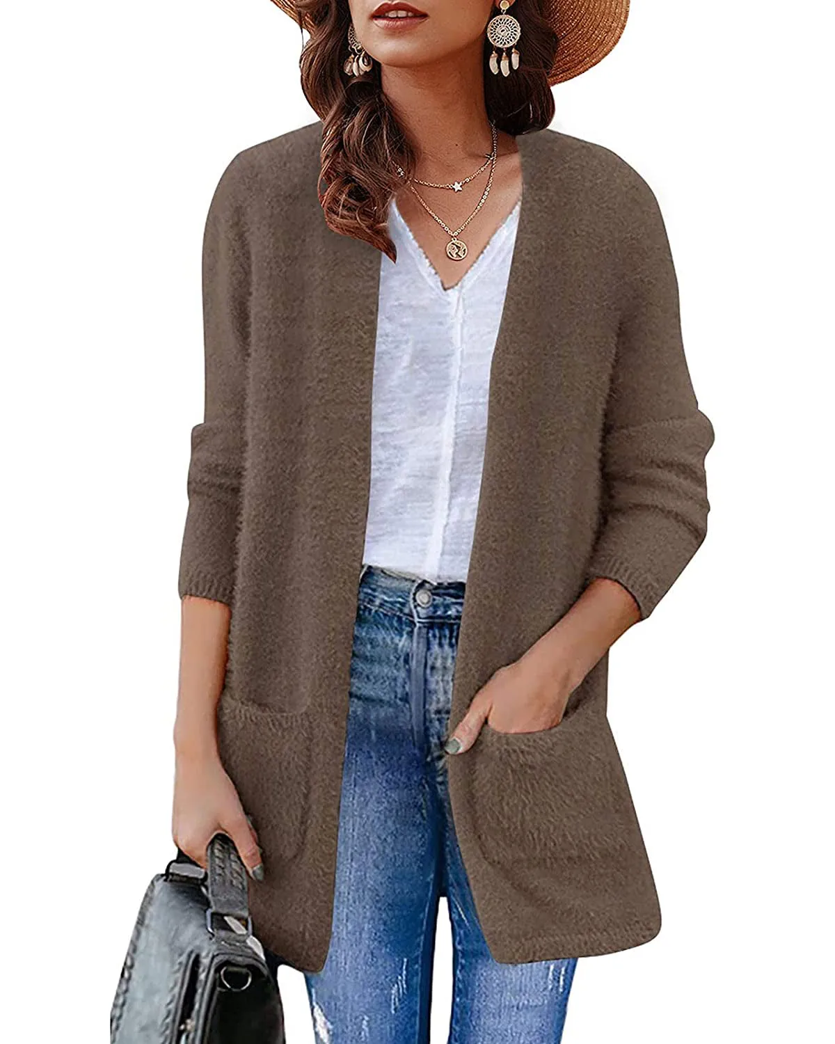 ZESICA Fuzzy Sweater Cardigan with Pockets