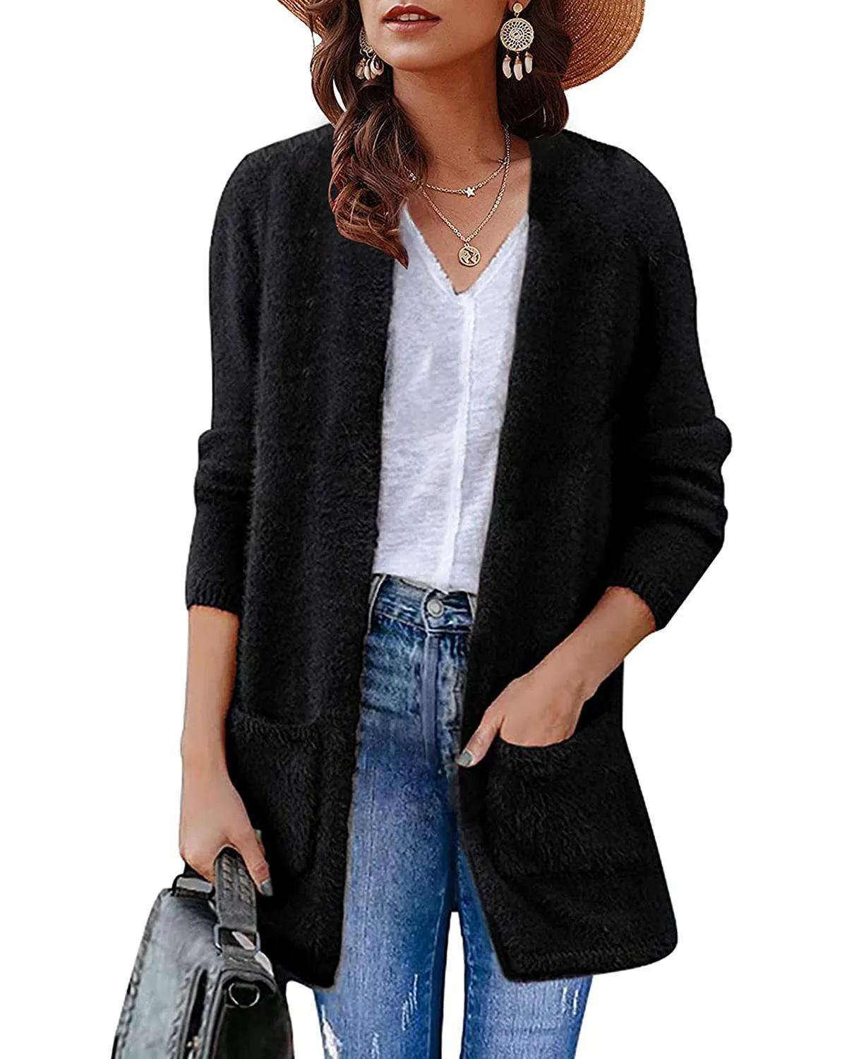 ZESICA Fuzzy Sweater Cardigan with Pockets