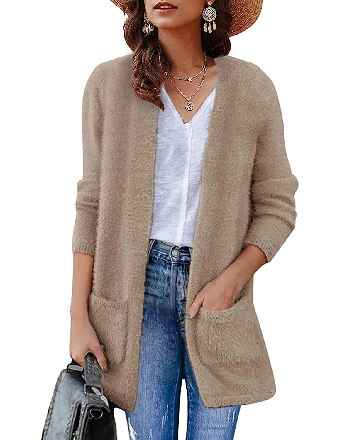 ZESICA Fuzzy Sweater Cardigan with Pockets